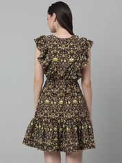 Women's Printed Tiered Dress with frills - JND_1007Coffee_XS
