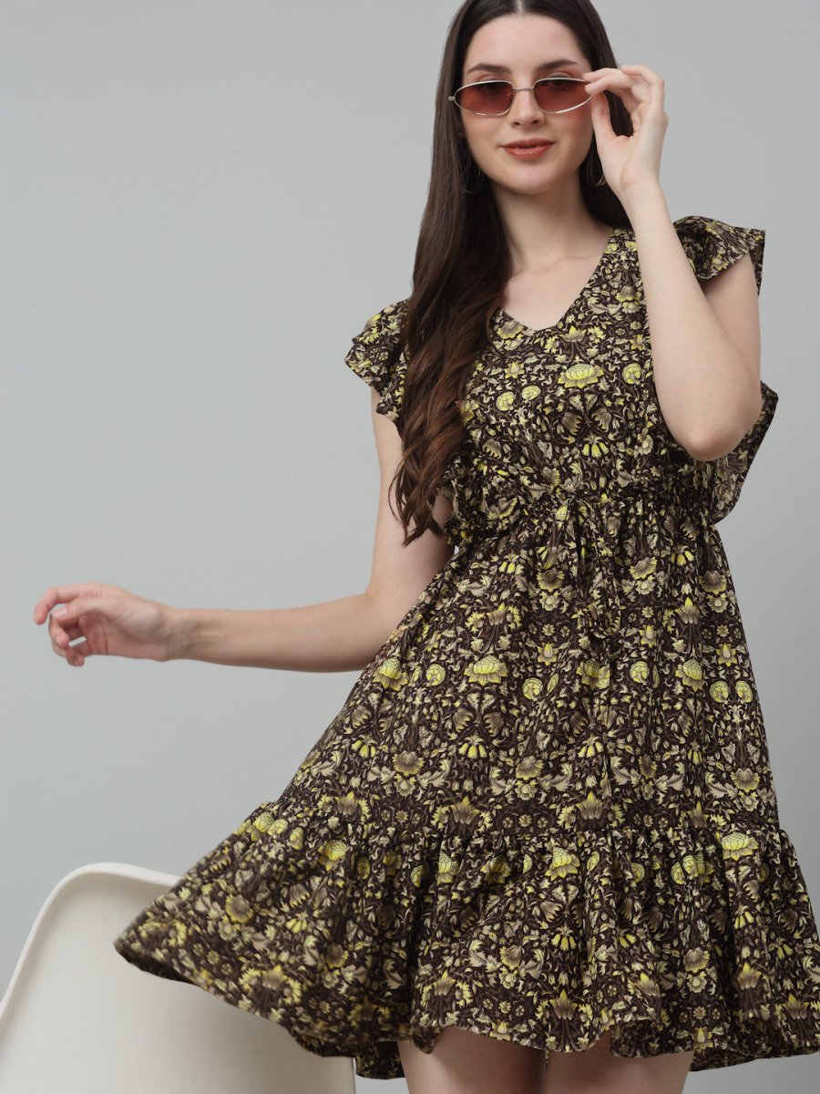 Women's Printed Tiered Dress with frills - JND_1007Coffee_XS
