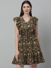 Women's Printed Tiered Dress with frills - JND_1007Coffee_XS
