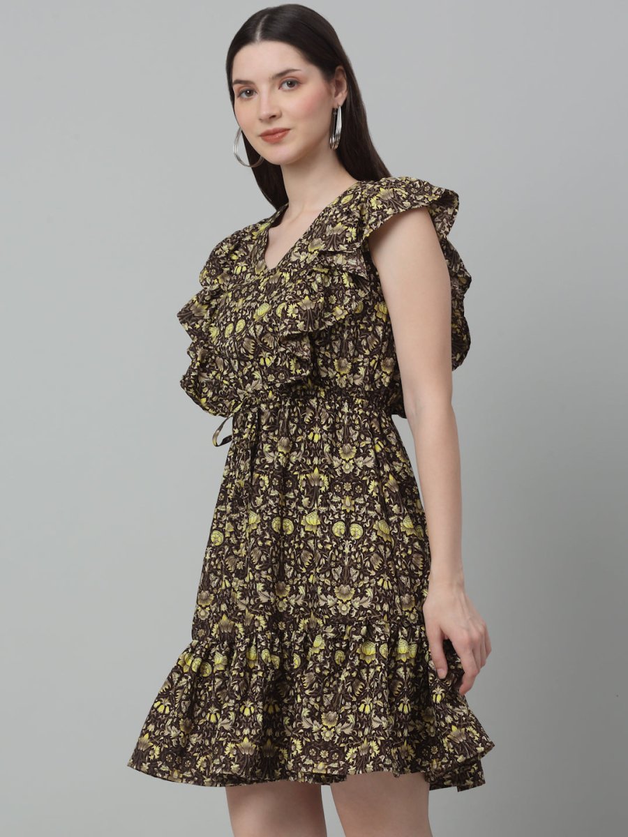 Women's Printed Tiered Dress with frills - JND_1007Coffee_XS