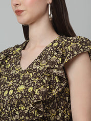 Women's Printed Tiered Dress with frills - JND_1007Coffee_XS