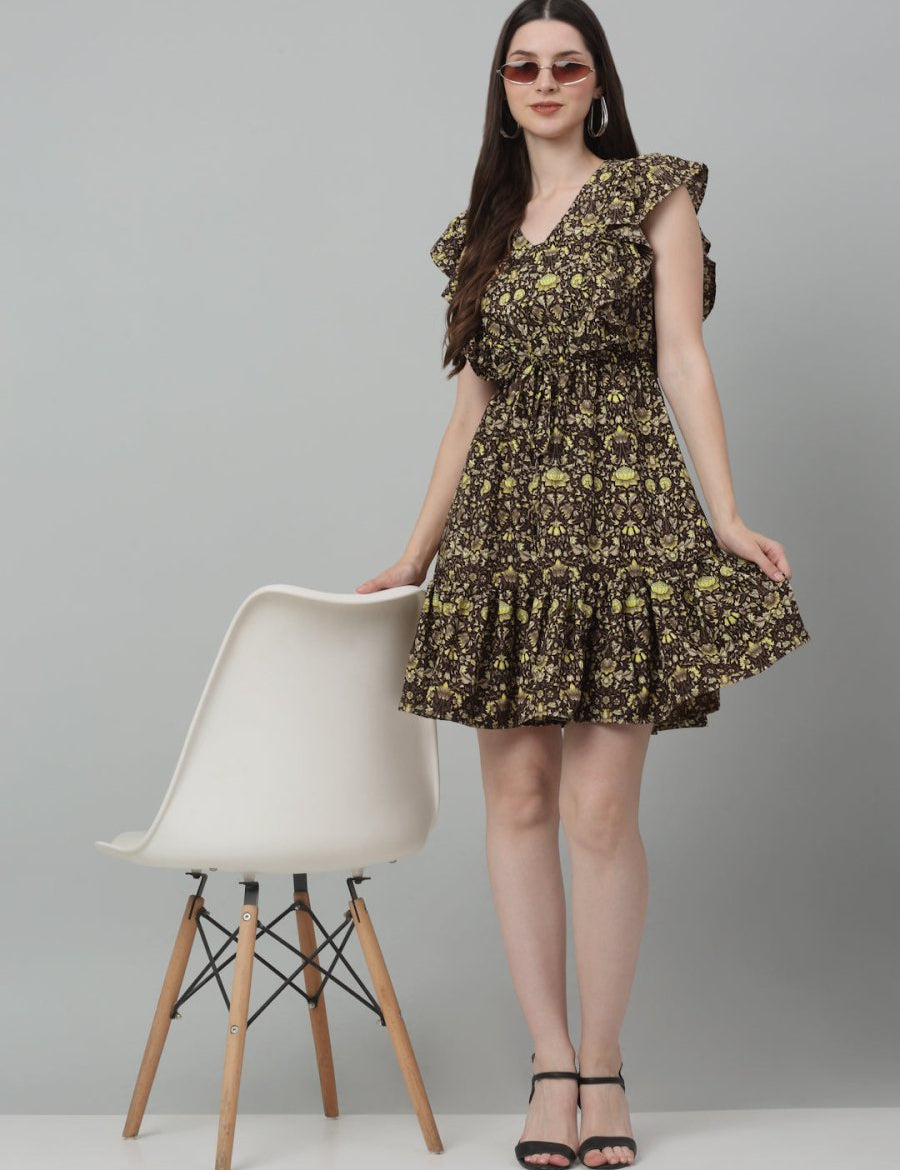 Women's Printed Tiered Dress with frills - JND_1007Coffee_XS