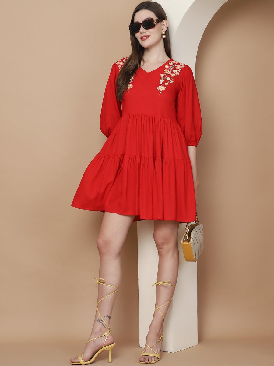 Women's Red Floral Embroidered A-line Dress - JND_1024Red_XS