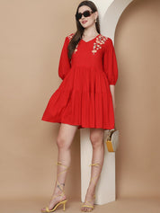 Women's Red Floral Embroidered A-line Dress - JND_1024Red_XS