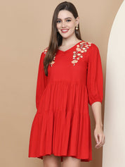 Women's Red Floral Embroidered A-line Dress - JND_1024Red_XS