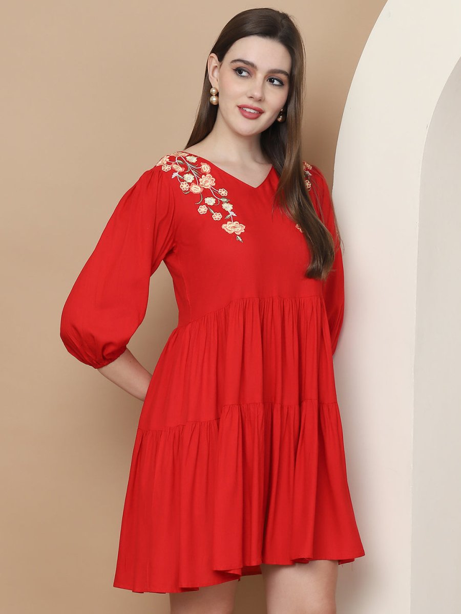 Women's Red Floral Embroidered A-line Dress - JND_1024Red_XS