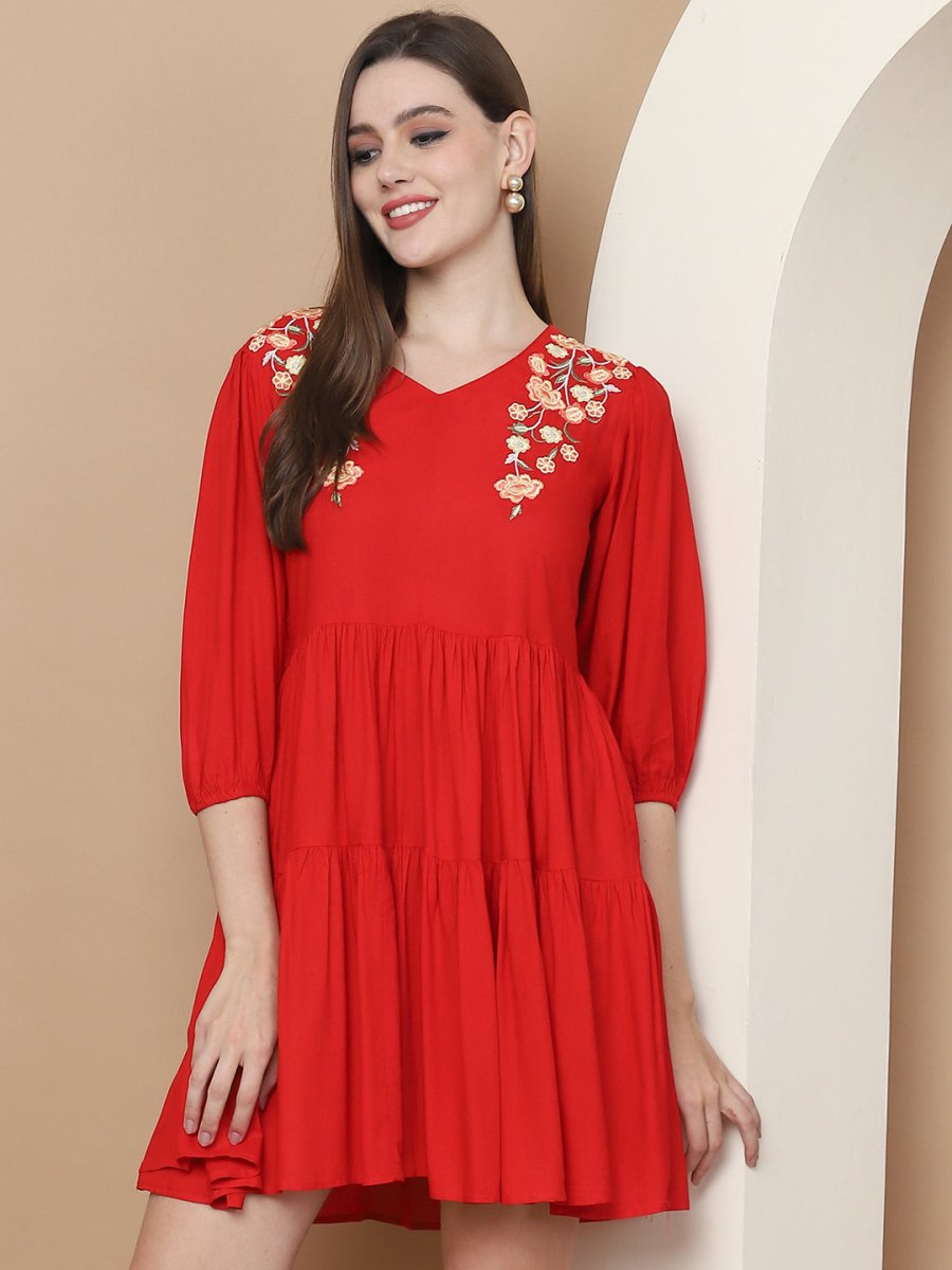 Women's Red Floral Embroidered A-line Dress - JND_1024Red_XS