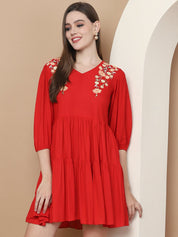 Women's Red Floral Embroidered A-line Dress - JND_1024Red_XS