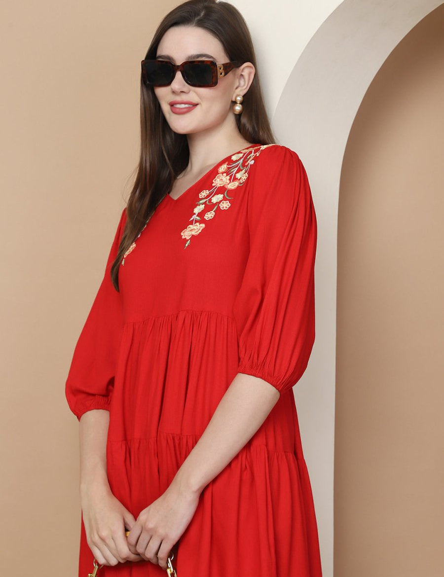 Women's Red Floral Embroidered A-line Dress - JND_1024Red_XS
