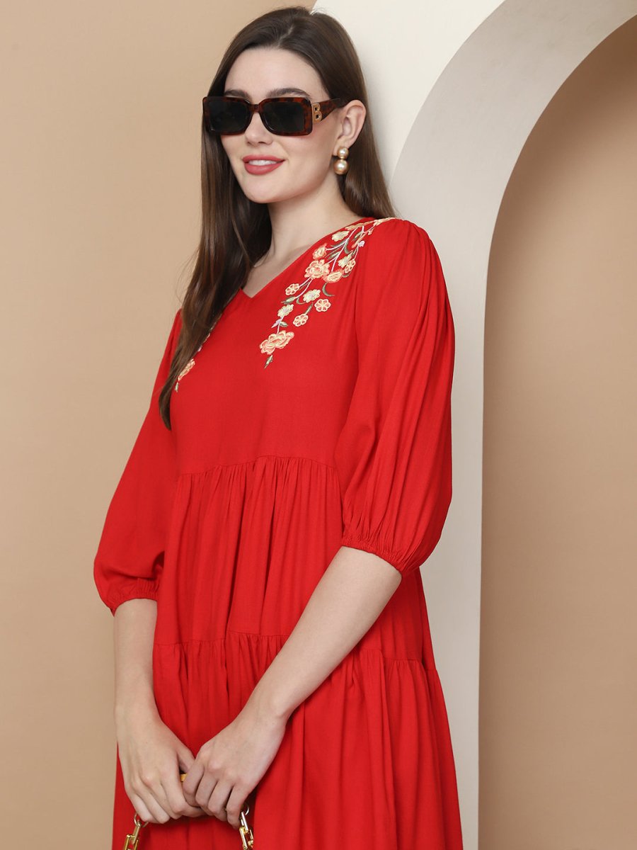 Women's Red Floral Embroidered A-line Dress - JND_1024Red_XS
