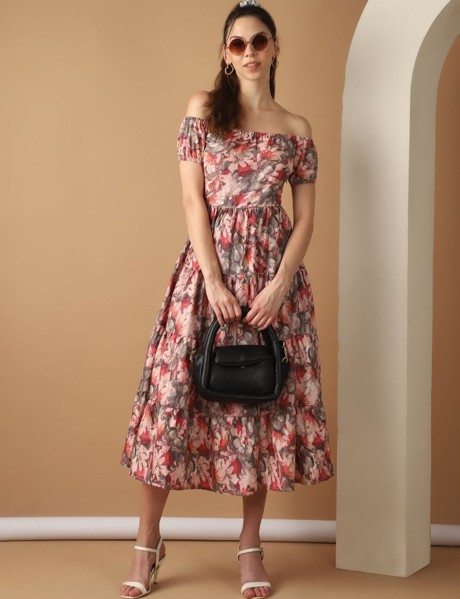 Women's Red Printed off-Shoulder Dress - JND_1022Red_XS