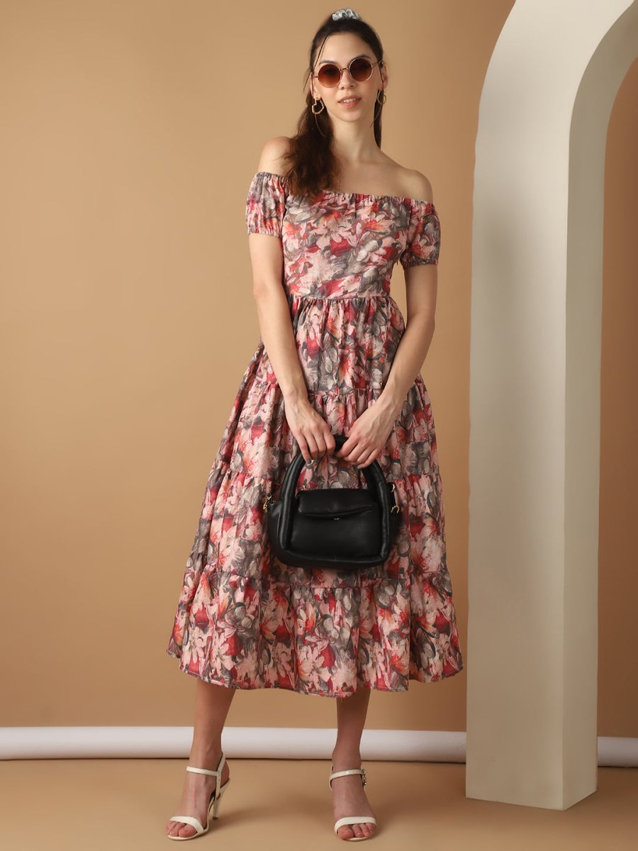 Women's Red Printed off-Shoulder Dress - JND_1022Red_XS