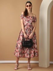 Women's Red Printed off-Shoulder Dress - JND_1022Red_XS