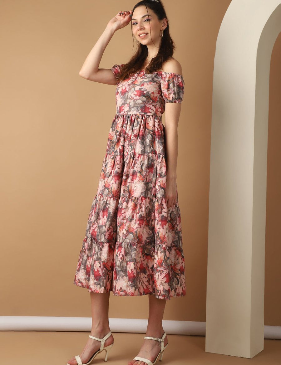Women's Red Printed off-Shoulder Dress - JND_1022Red_XS