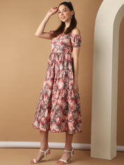 Women's Red Printed off-Shoulder Dress - JND_1022Red_XS