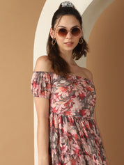 Women's Red Printed off-Shoulder Dress - JND_1022Red_XS