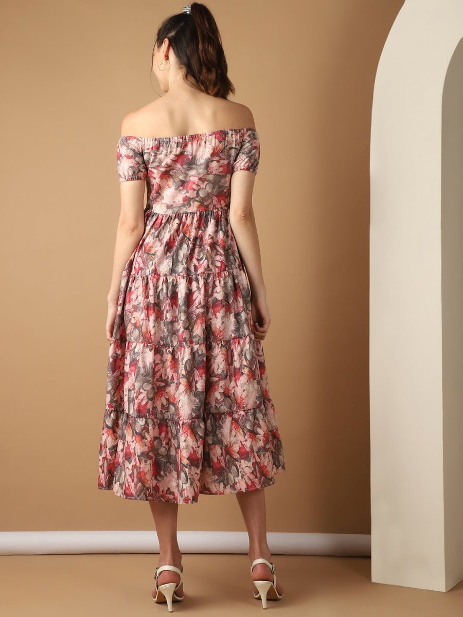 Women's Red Printed off-Shoulder Dress - JND_1022Red_XS
