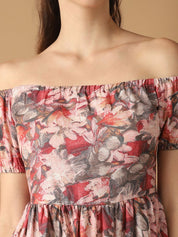 Women's Red Printed off-Shoulder Dress - JND_1022Red_XS