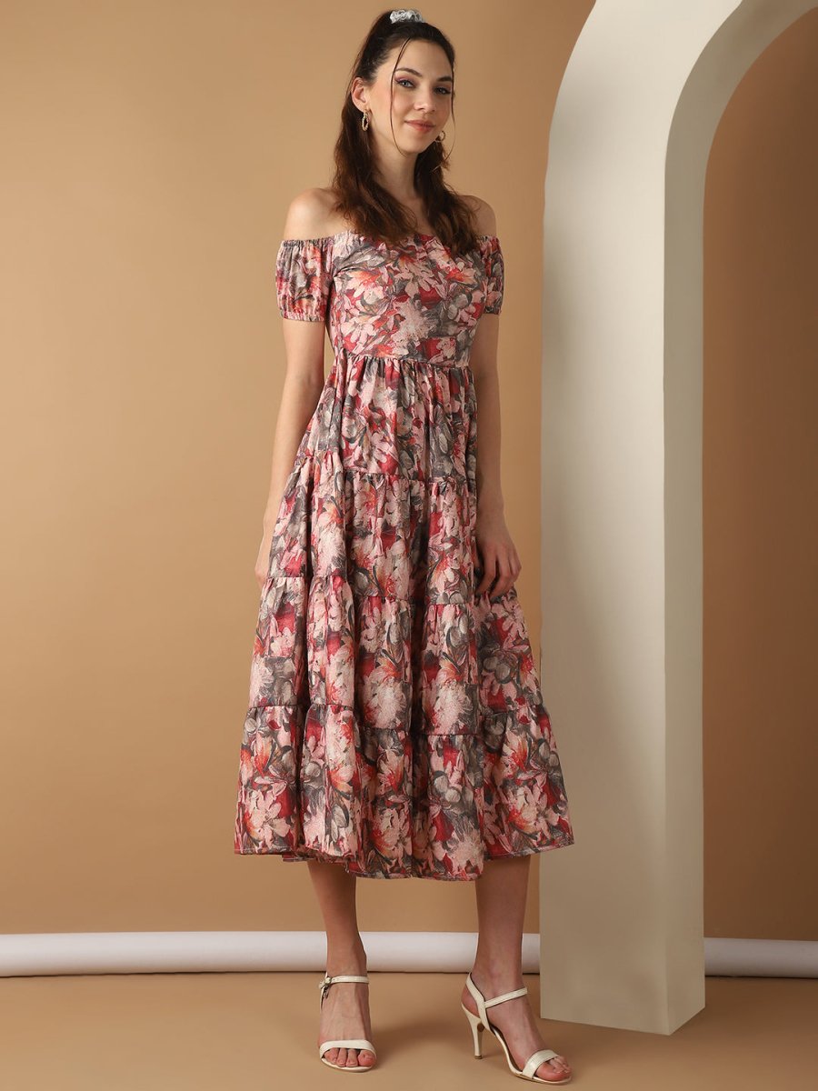 Women's Red Printed off-Shoulder Dress - JND_1022Red_XS