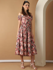 Women's Red Printed off-Shoulder Dress - JND_1022Red_XS
