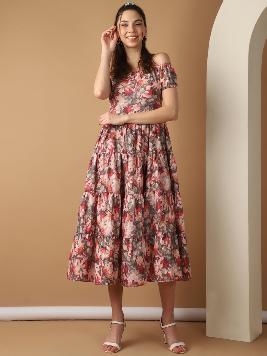 Women's Red Printed off-Shoulder Dress - JND_1022Red_XS