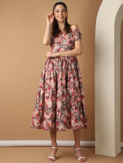 Women's Red Printed off-Shoulder Dress - JND_1022Red_XS