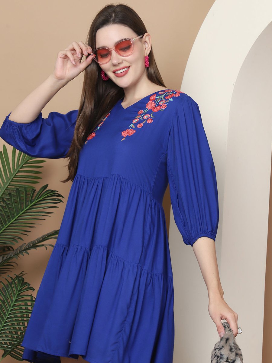 Women's Royal Blue Floral Embroidered A-line Dress - JND_1024Royal_XS
