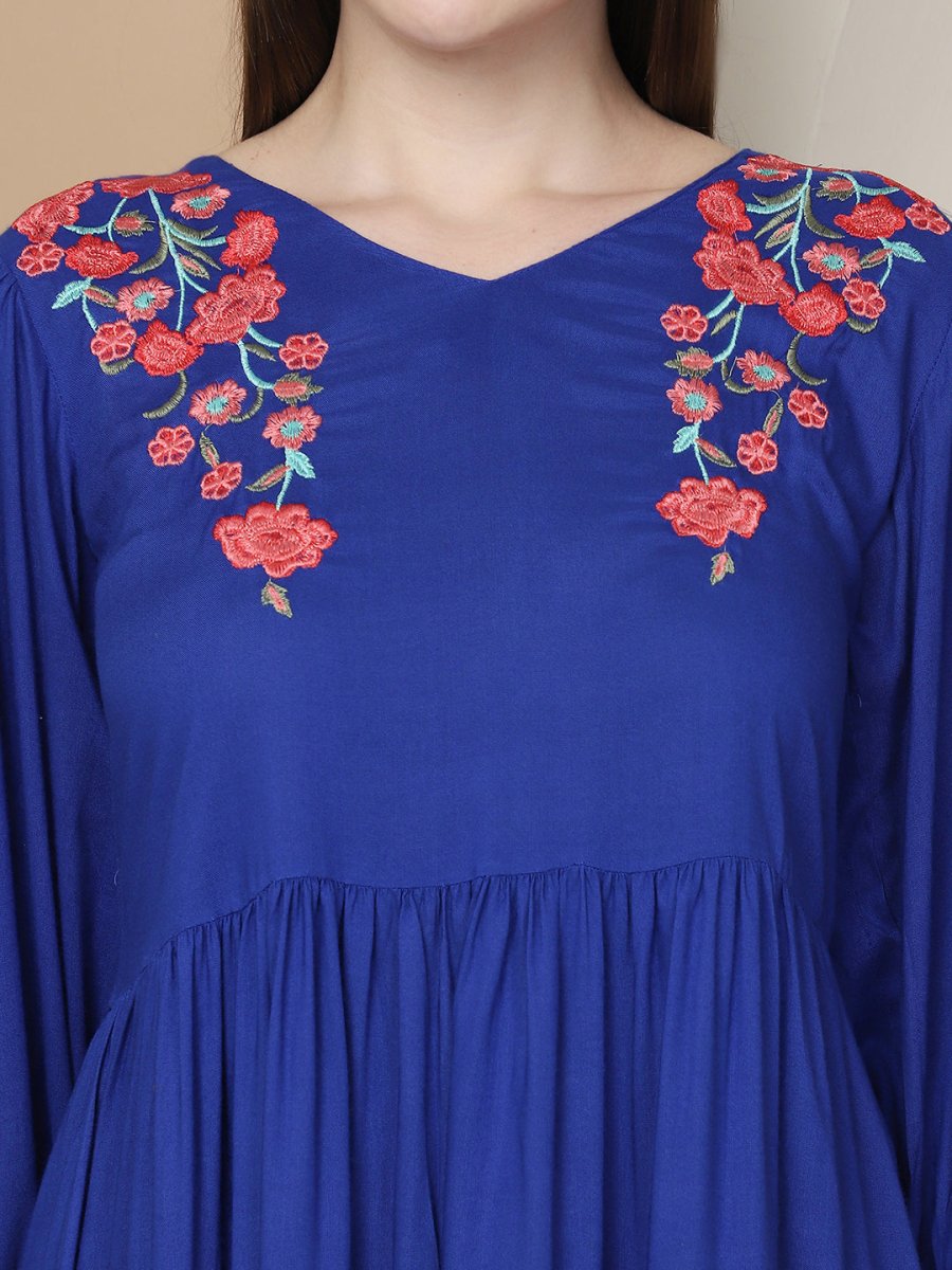 Women's Royal Blue Floral Embroidered A-line Dress - JND_1024Royal_XS