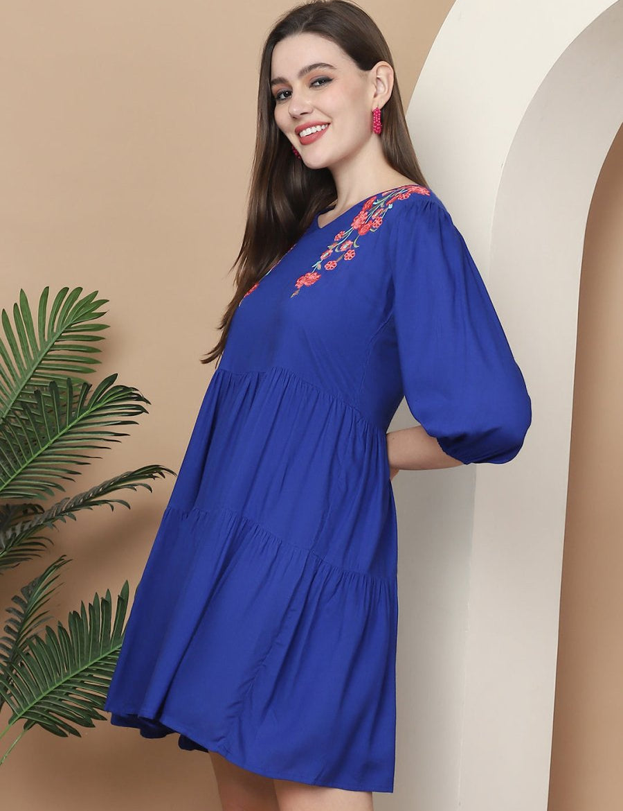 Women's Royal Blue Floral Embroidered A-line Dress - JND_1024Royal_XS