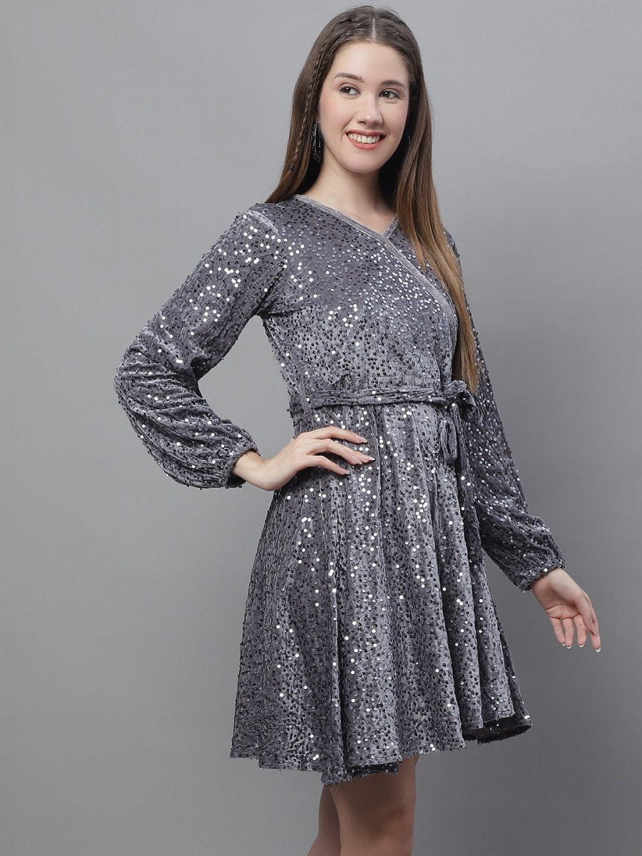 Women's Sequin Velvet A-line dress - JND_1017Grey_XS