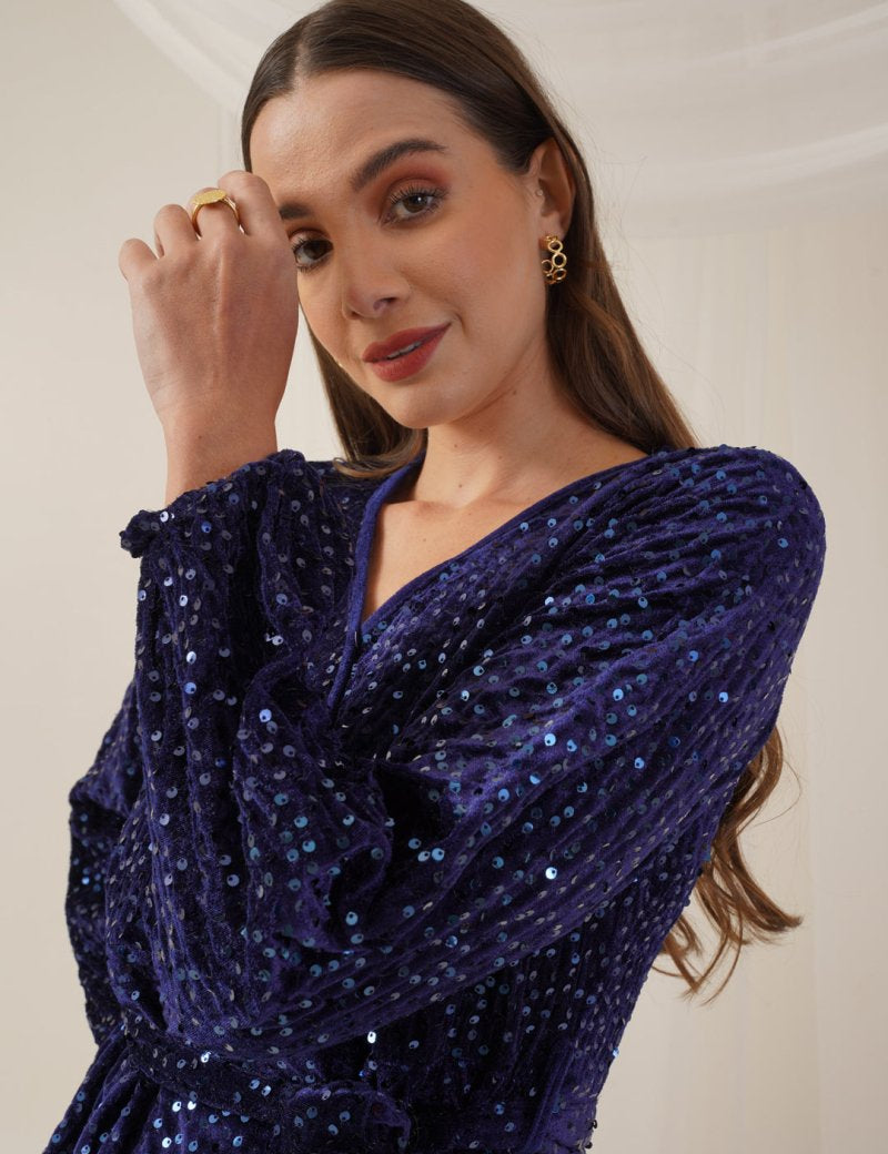 Women's Sequin Velvet A-line dress - JND_1017Navy_XS