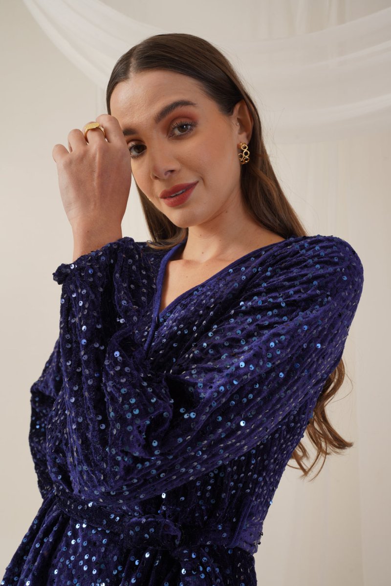 Women's Sequin Velvet A-line dress - JND_1017Navy_XS