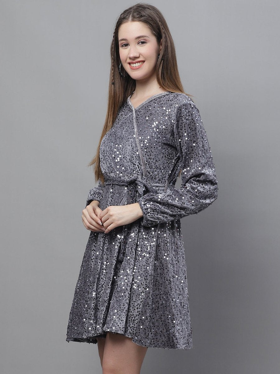 Women's Sequin Velvet A-line dress - JND_1017Grey_XS