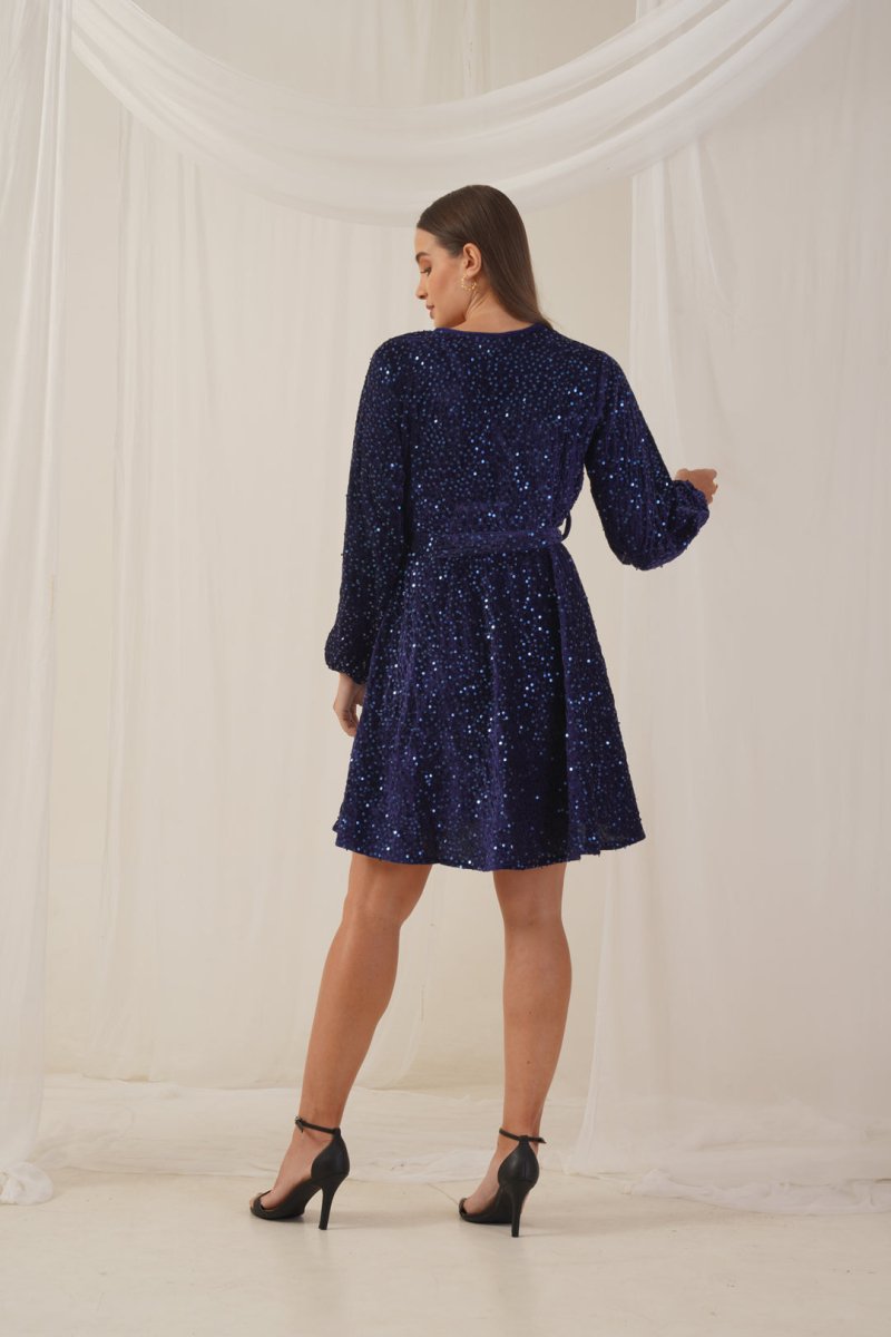 Women's Sequin Velvet A-line dress - JND_1017Navy_XS