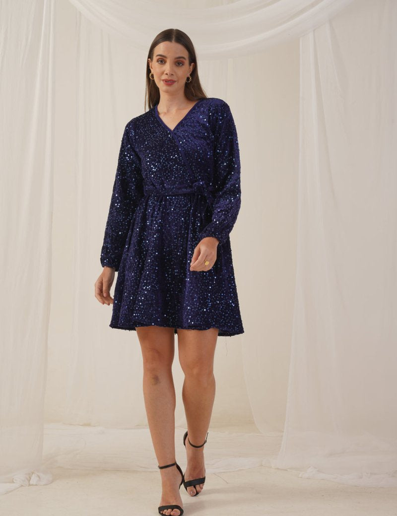 Women's Sequin Velvet A-line dress - JND_1017Navy_XS