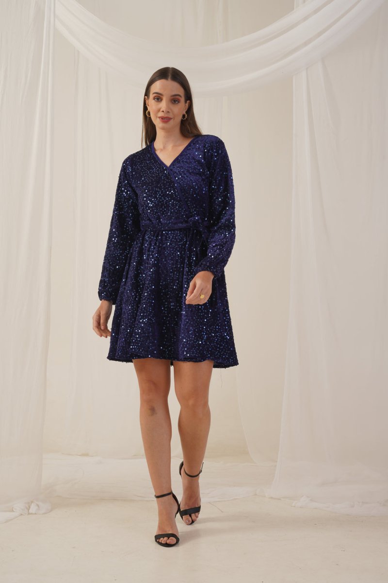 Women's Sequin Velvet A-line dress - JND_1017Navy_XS