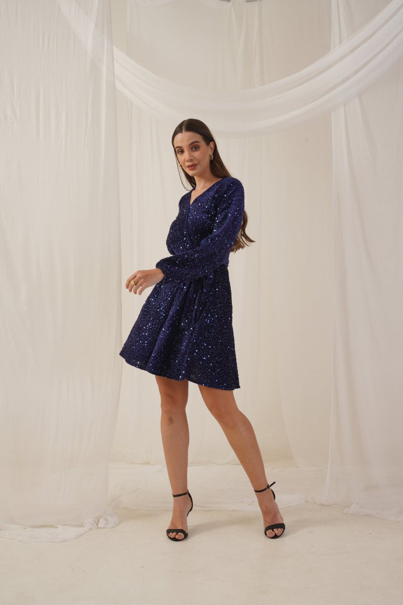 Women's Sequin Velvet A-line dress - JND_1017Navy_XS