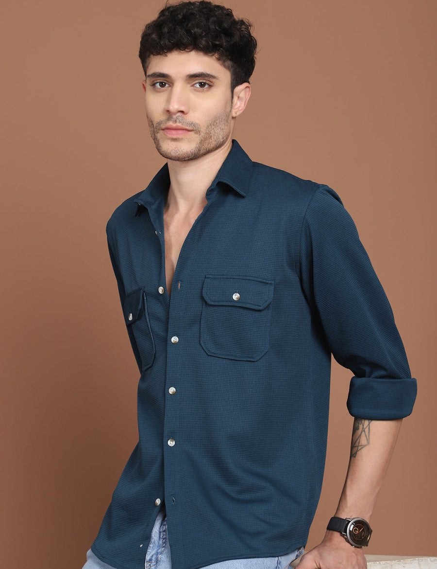 Woven Design Casual Shirt For Men - SF_9026Teal_S
