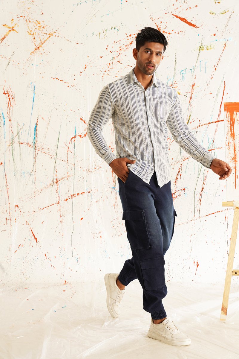 Woven Design Cotton Shirt for Men - SF_917Blue_S
