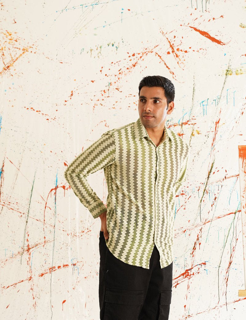 Woven Design Green Cotton Shirt for Men - SF_917Green_S