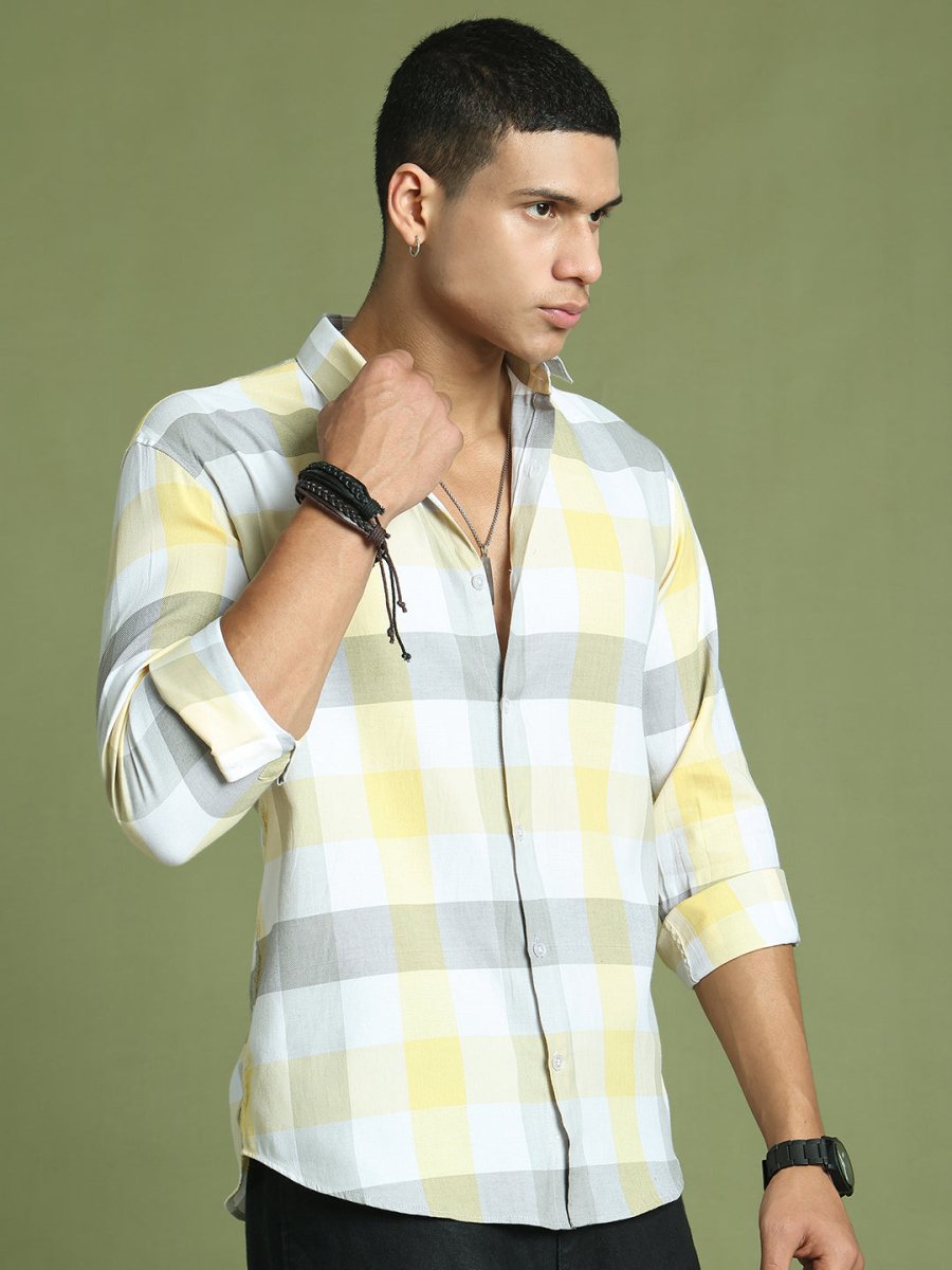 Yellow Checked Cotton Shirt for Men - SF_877Yellow_S
