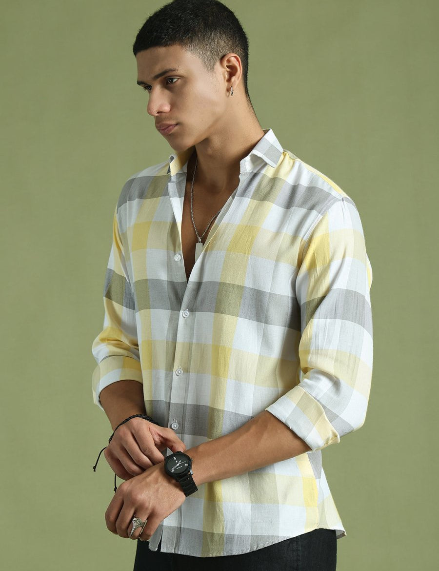 Yellow Checked Cotton Shirt for Men - SF_877Yellow_S