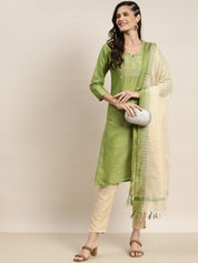 Yoke Design Cotton Women Silk Kurta with Trousers & Dupatta - JOKS_D35G_1465_Green_S