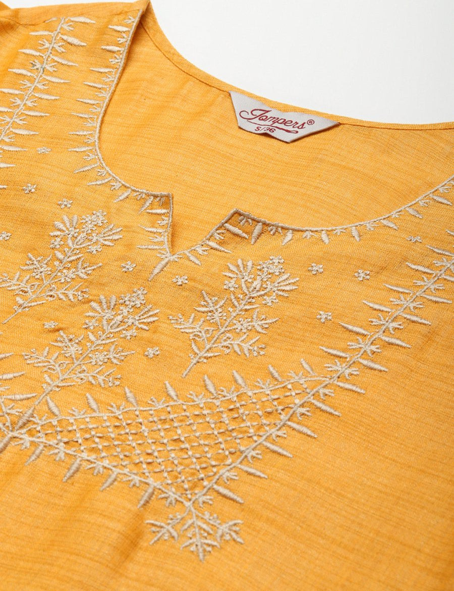 Yoke Design Cotton Women Silk Kurta with Trousers & Dupatta - JOKS_D35Y_1465_Yellow_S