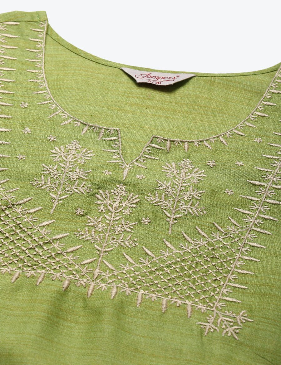 Yoke Design Cotton Women Silk Kurta with Trousers & Dupatta - JOKS_D35G_1465_Green_S