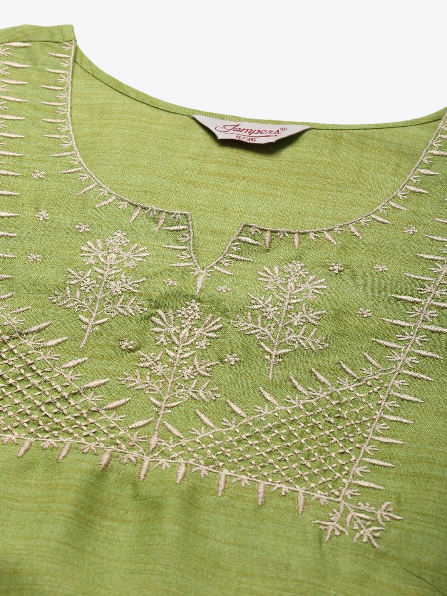 Yoke Design Cotton Women Silk Kurta with Trousers & Dupatta - JOKS_D35G_1465_Green_S