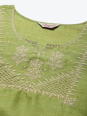 Yoke Design Cotton Women Silk Kurta with Trousers & Dupatta - JOKS_D35G_1465_Green_S