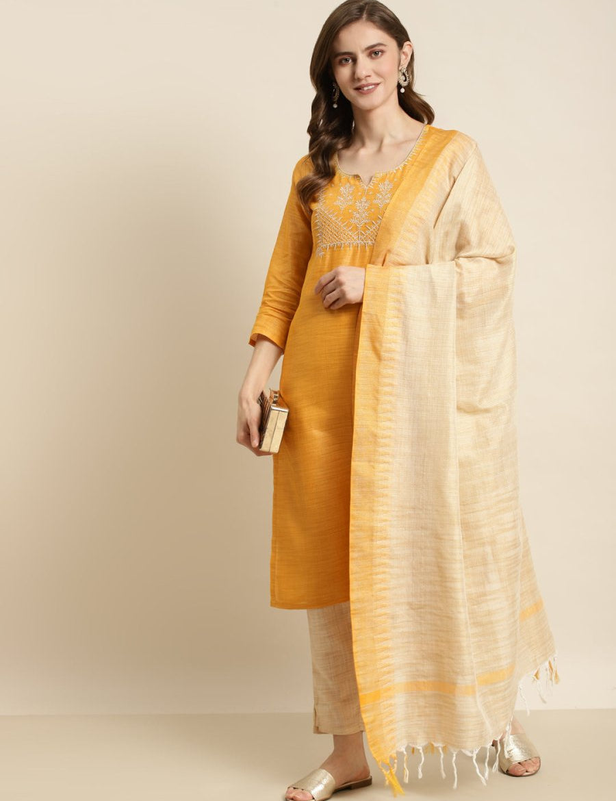 Yoke Design Cotton Women Silk Kurta with Trousers & Dupatta - JOKS_D35Y_1465_Yellow_S