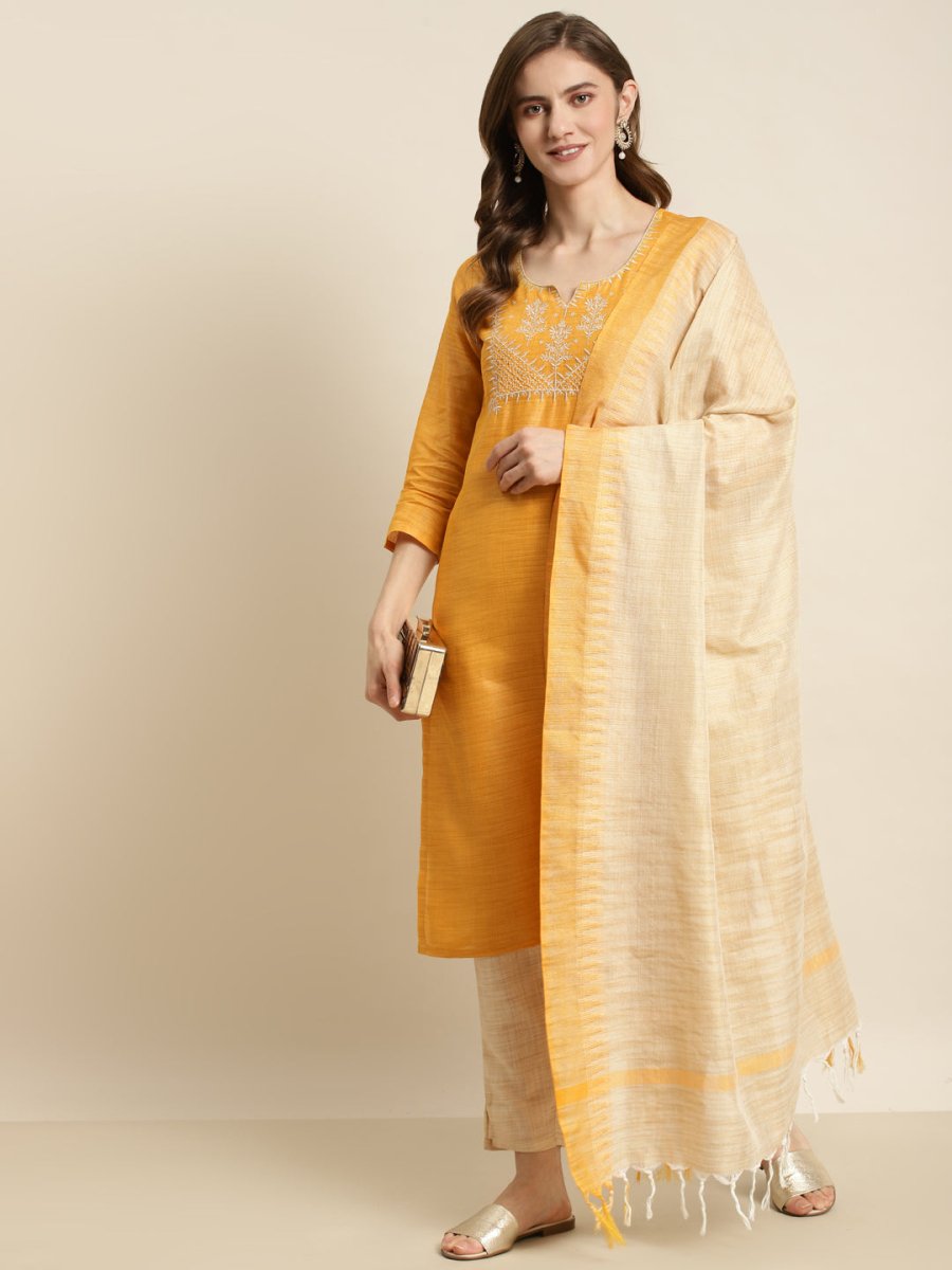 Yoke Design Cotton Women Silk Kurta with Trousers & Dupatta - JOKS_D35Y_1465_Yellow_S