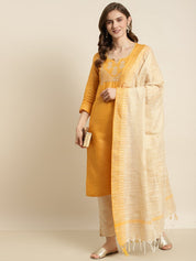 Yoke Design Cotton Women Silk Kurta with Trousers & Dupatta - JOKS_D35Y_1465_Yellow_S